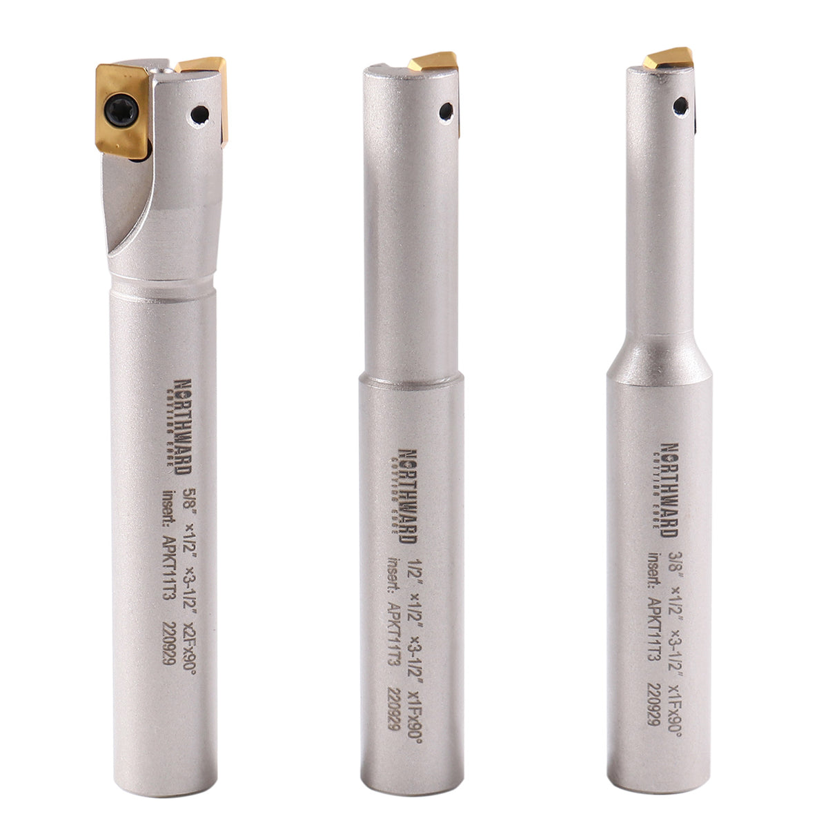 3 Pc 90 Degree Indexable End Mill Set with Apkt11t3 Inserts, Cutter Diameter Includes 3/8'', 1/2'' and 5/8'', 0028-8308