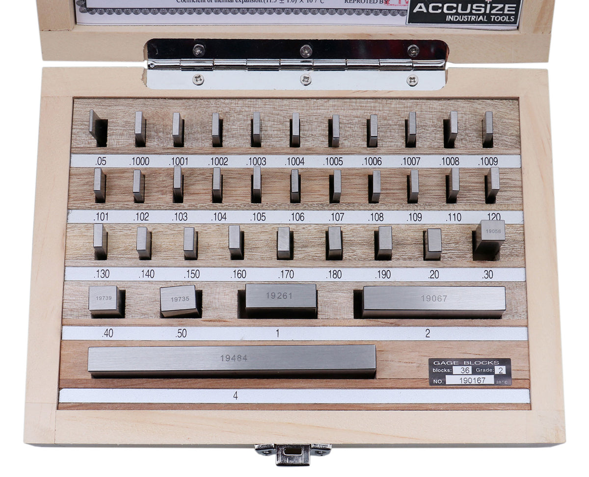 36 Pc Steel Gage Block Set, Grade As-2 Asme B89.1.9-2002, with Mfg Certificate, 0036-6001