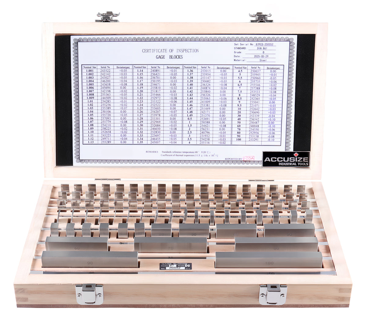 87 Pc Metric Gage Block Set, Grade 0, DIN861 German Standard with MFG's Certificate, 0087-2162