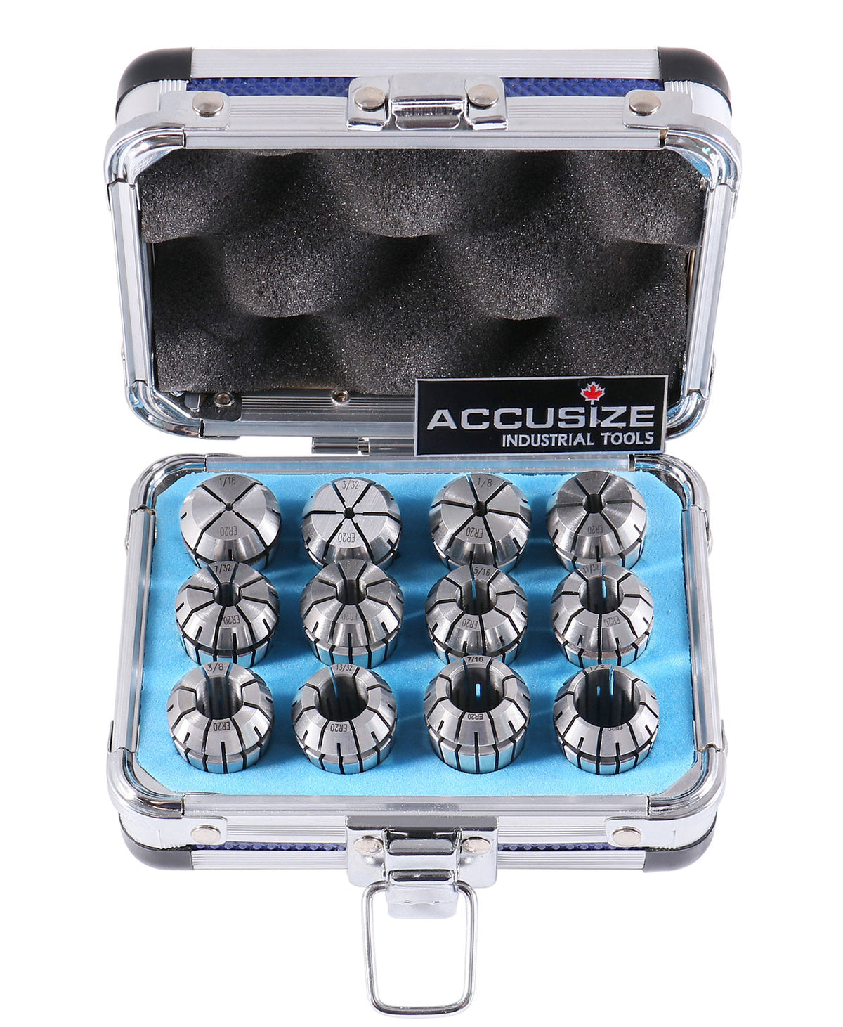 12 Pc Er-20 Collet Set, Size from 1/16'' up to 1/2'' in Fitted Strong Alunimum Box, 0223-0799