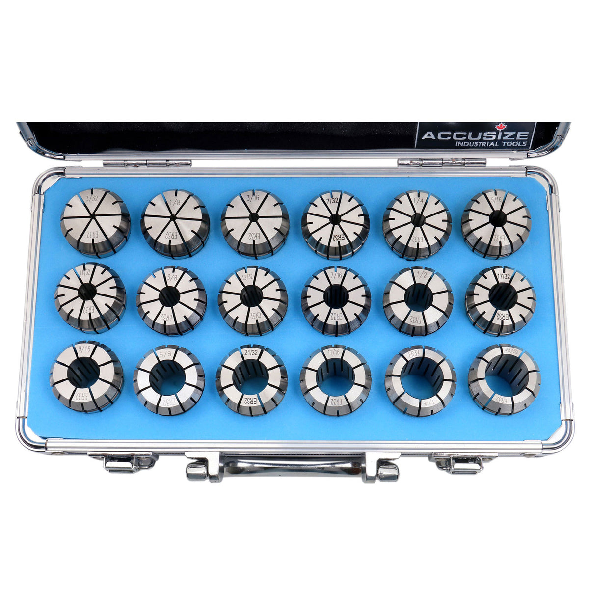 - Precision ER32 Collet Set, 18 Pcs, Sizes 3/32'' to 25/32'', High Accuracy, Durable Storage Box, 0223-0880