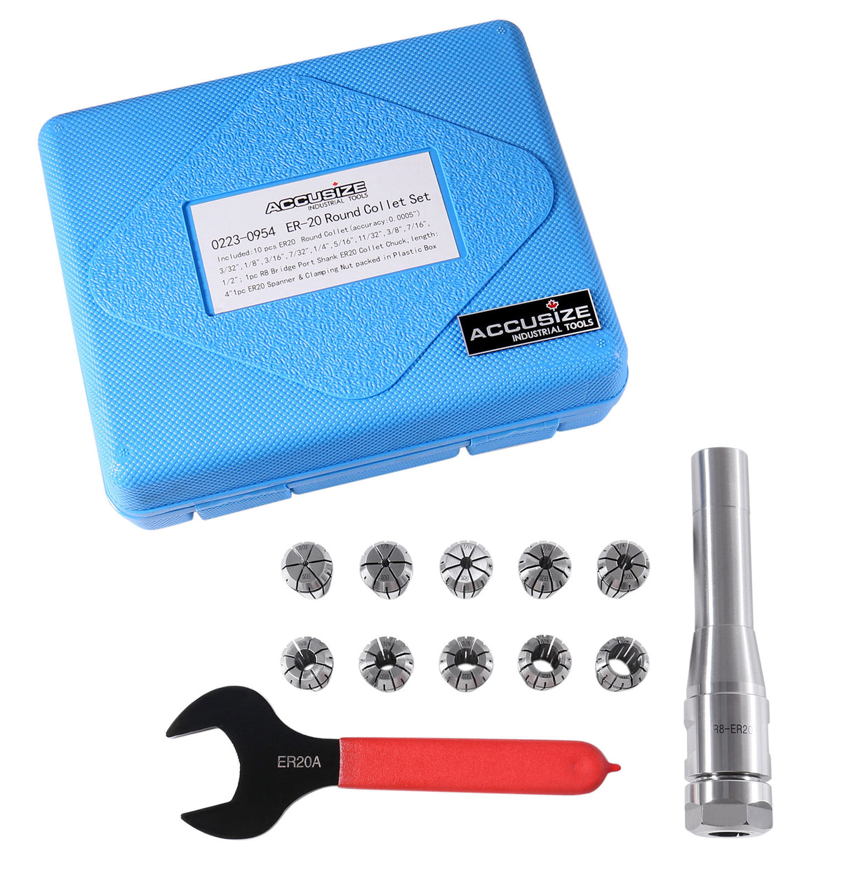 10 Pcs Er20 Collet R8 Bridgeport Shank Plus 1 Wrench in Fitted Case, 0223-0954