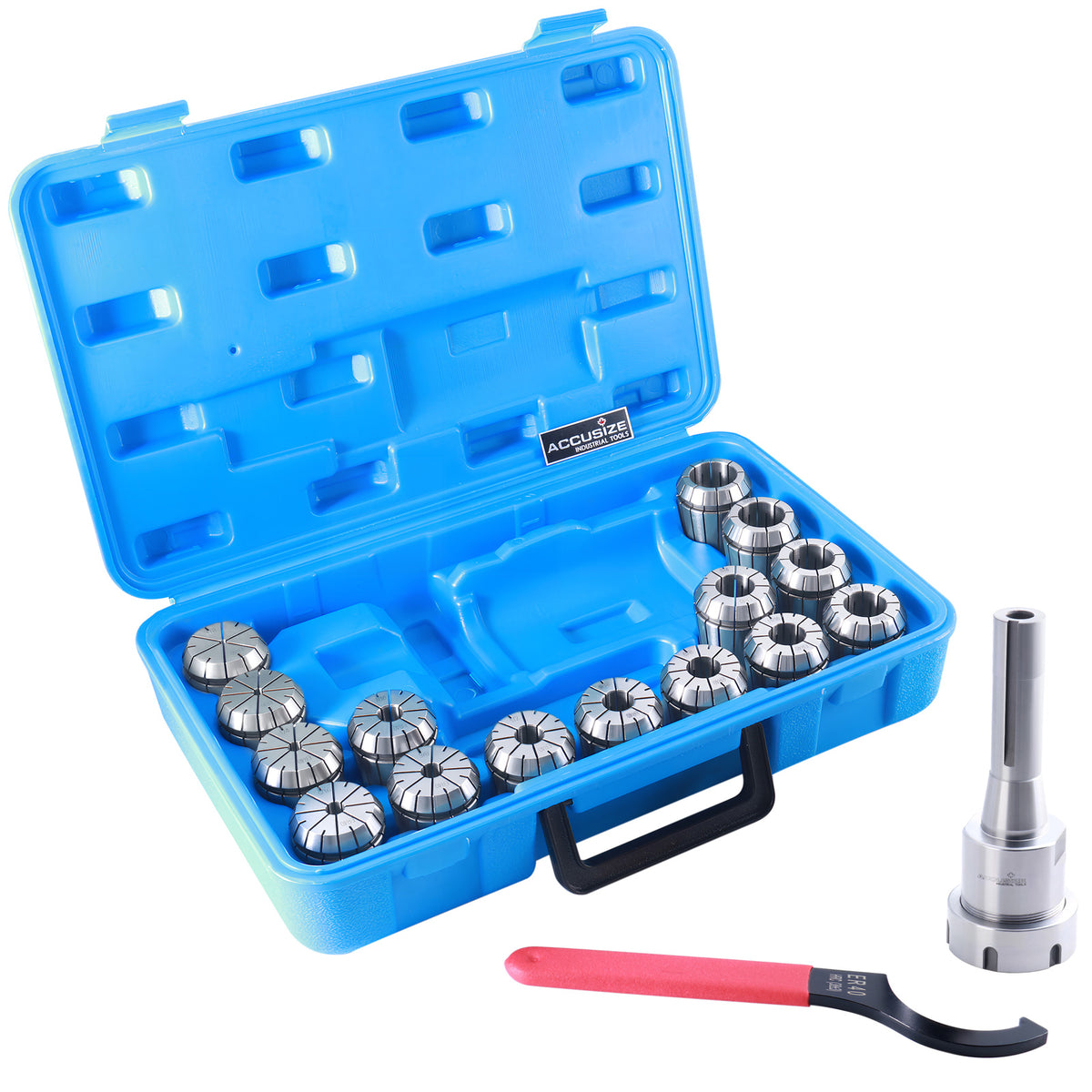 - 15 Pc ER40 Precision Collet Set with R8 Bridgeport Shank Holder & Wrench, High Accuracy Tooling for Milling & Drilling, in Fitted Box, 0223-0984