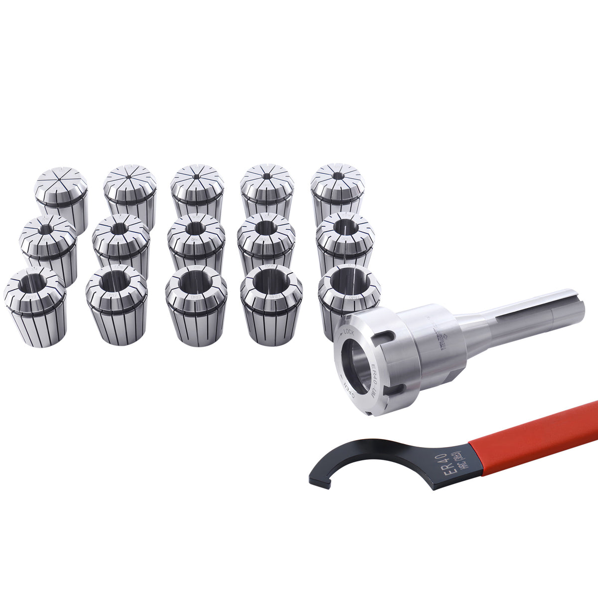 - 15 Pc ER40 Precision Collet Set with R8 Bridgeport Shank Holder & Wrench, High Accuracy Tooling for Milling & Drilling, in Fitted Box, 0223-0984