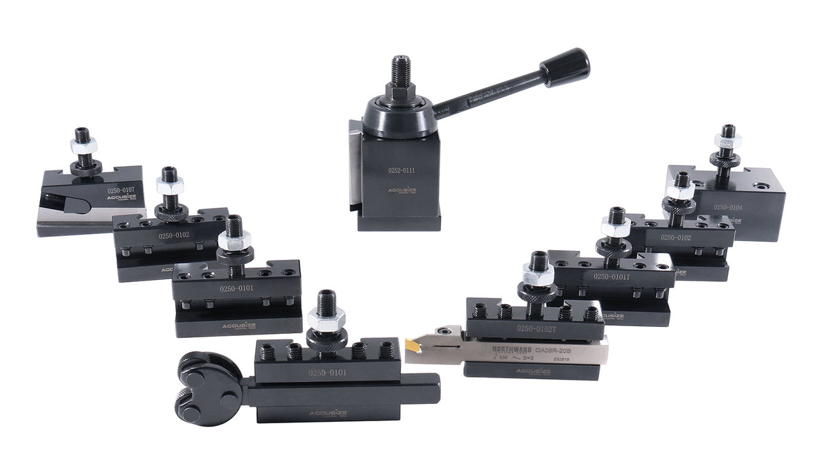 11 Pcs AXA Wedge Type Quick Change Tool Post Set for Lathe Swing 6"-12" incl. 1 Cutoff & Grooving and 1 Knurling Holders