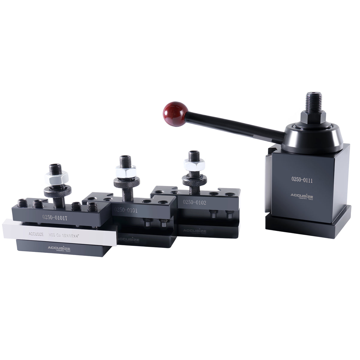 Axa 4 Pc Wedge Type Quick Change Tool Post Set for Lathe Swing 6'' - 12'' with 1/2'' M35 Square Lathe Bit, 0251-0155