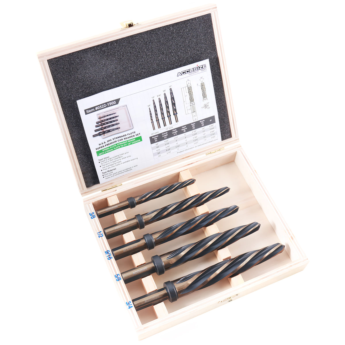 5 Pc H.S.S. Standard Spiral Flute Super Premium Car Reamer Set, 3/8", 1/2", 9/16'', 5/8", 3/4", to Fit 3/8'' or 1/2'' Shank Chuck