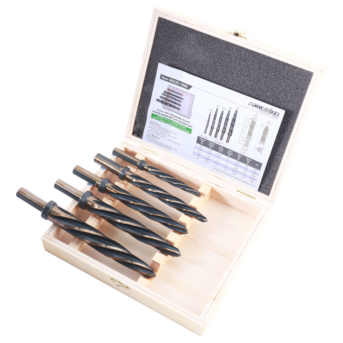 5 Pc H.S.S. Standard Spiral Flute Super Premium Car Reamer Set, 3/8", 1/2", 9/16'', 5/8", 3/4", to Fit 3/8'' or 1/2'' Shank Chuck
