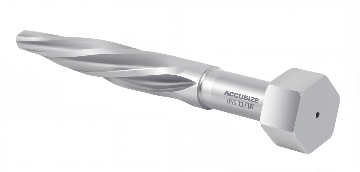 H.S.S. Aligning Reamer - 11/16'' Diameter, 4-1/2'' Flute Length, 6-1/2'' OAL, Hex Shank, Spiral Flute, 0523-6025