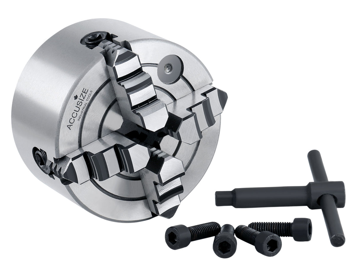 4'' 4-Jaw Independent Lathe Chucks, Plain Back, Semi-Steel Body, Including 1 Set Of Reversible Jaws, 0557-0004