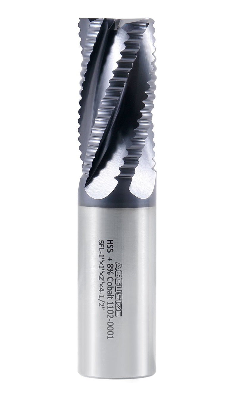 1'' Dia, M42 8% Cobalt Tialn Roughing End Mill, Coarse Tooth, 1'' Shk Dia, 2'' Flt Length, 4-1/2'' Oal, 5 Flute, 1102-0001