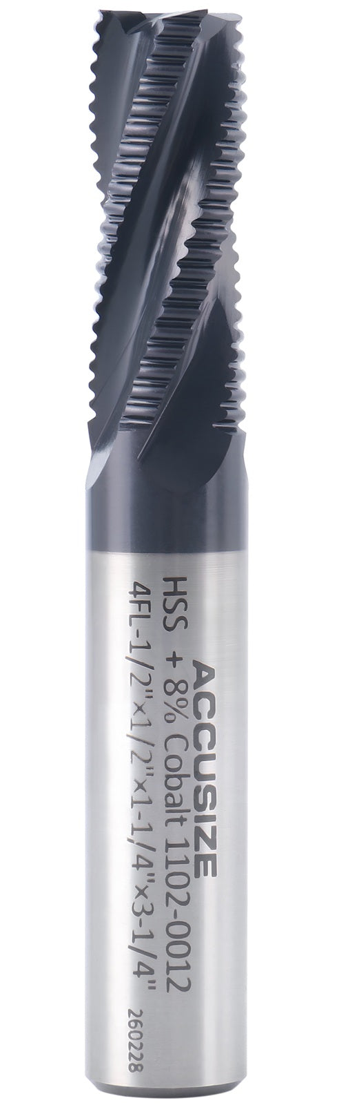 Stadard Tooth M42 8% Cobalt Tialn Roughing End Mill, 1/2'' by 1/2'' by 1-1/4'' Flt Length, 1102-0012