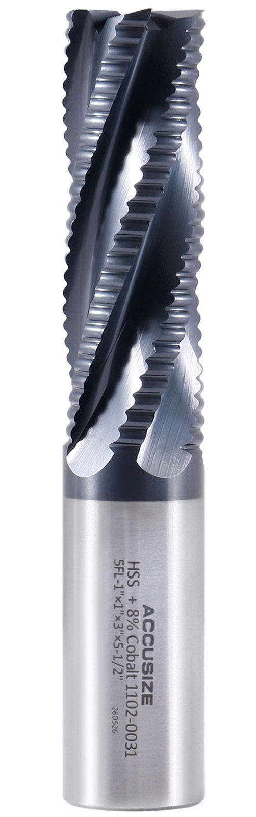 Standard Tooth M42 8% Cobalt Tialn Roughing End Mill, 1'' Diameter, 1'' Shank Diameter, 3'' Flt Length, 1102-0031