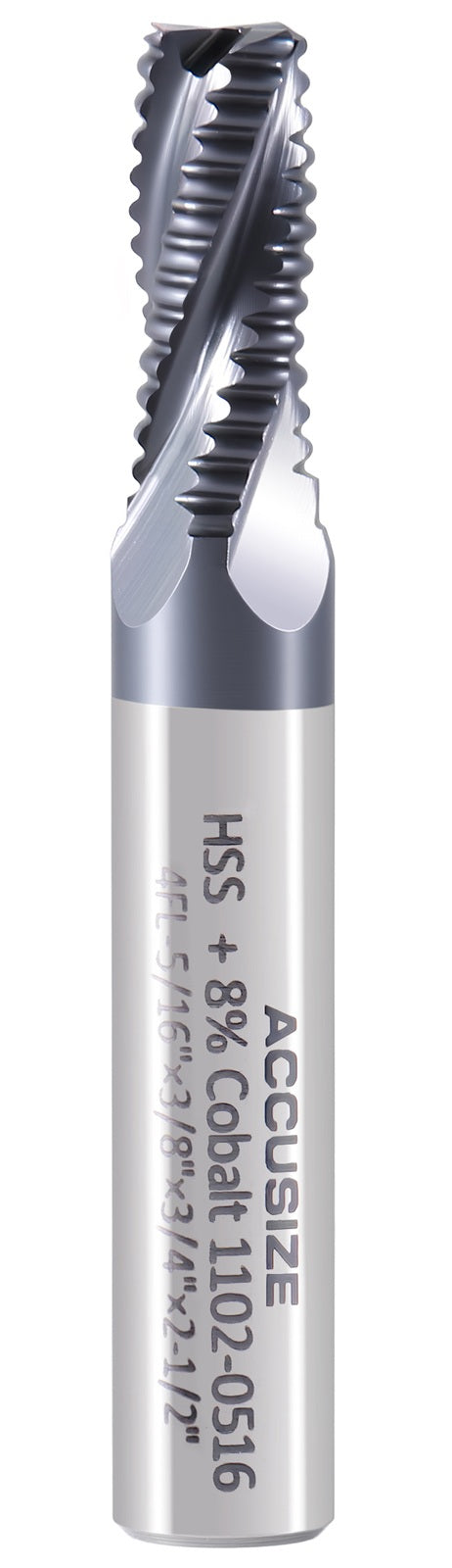 5/16'' by 3/8'' by 3/4'' Flt Length, 2-1/2'' Oal, 4 Flute, Standard Tooth M42 8% Cobalt Tialn Roughing End Mill, 1102-0516