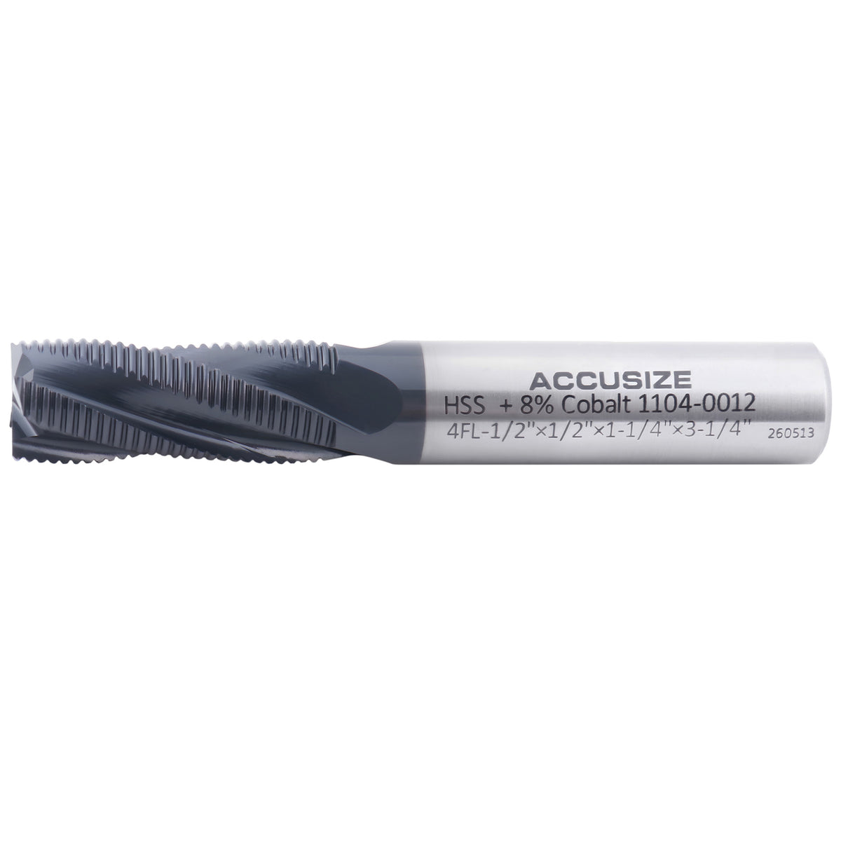 1/2'' Fine Tooth M42 8% Cobalt Tialn Roughing End Mill, 1/2'' Shk Dia, 1-1/4'' Flute Length, 3-1/4'' Oal, 4 Flute, 1104-0012