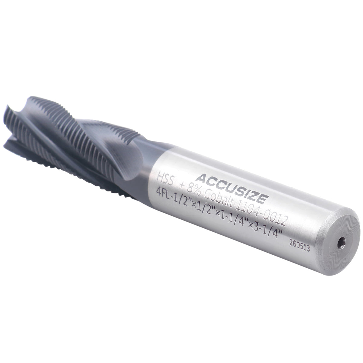 1/2'' Fine Tooth M42 8% Cobalt Tialn Roughing End Mill, 1/2'' Shk Dia, 1-1/4'' Flute Length, 3-1/4'' Oal, 4 Flute, 1104-0012
