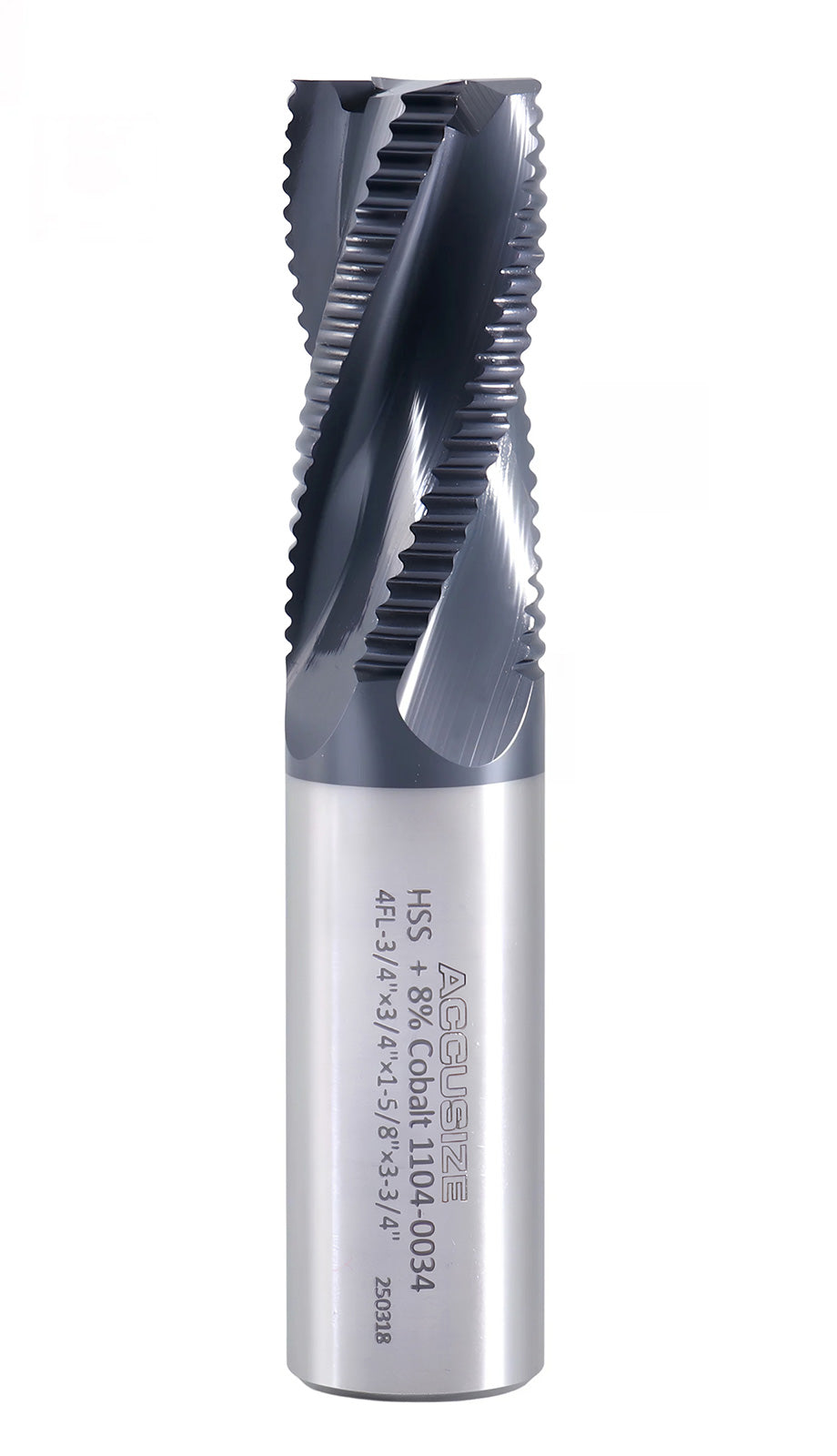 3/4'' Fine Tooth M42 8% Cobalt Tialn Roughing End Mill, 3/4'' Shk Dia, 1-5/8'' Flute Length, 3-3/4'' Oal, 4 Flute, 1104-0034