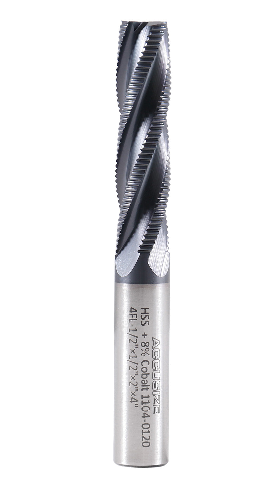 1/2'' Fine Tooth M42 8% Cobalt Tialn Roughing End Mill, 1/2'' Shk Dia, 2'' Flute Length, 4'' Oal, 4 Flute, 1104-0120