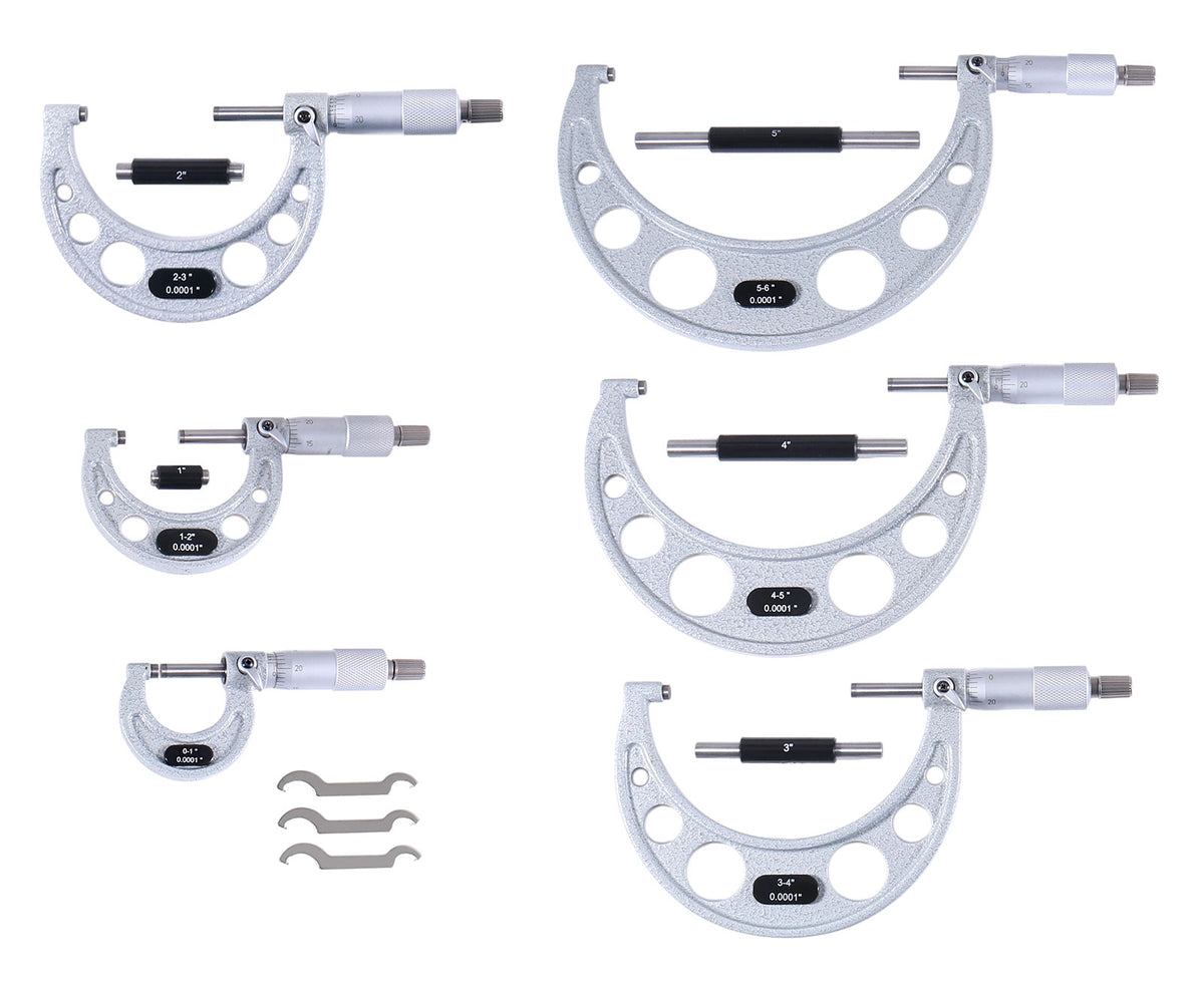 Ensemble de micromètres extérieurs ultra-précis de 6 pièces (0-1 po, 1-2", 2-3" 3-4", 4-5" et 5-6") Plus un socle de micromètre portatif et un ensemble de jauges télescopiques de 6 pièces, 0906-C153