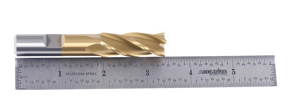 9/16'' Dia, 1/2'' Shk Dia, 1-1/8'' Flt Length, 3-3/8'' Oal, H.S.S. Finishing, Tin Coating End Mill, 1400-3214