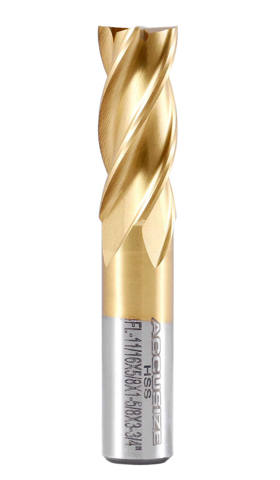 11/16'' Dia, 5/8'' Shk Dia, 1-5/8'' Flt Length, 3-3/4'' Oal, H.S.S. Finishing, Tin Coating End Mill, 1400-3215