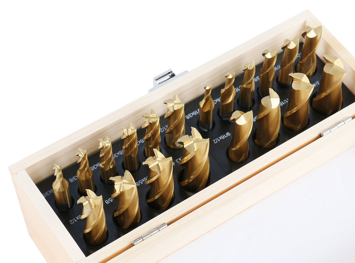 20 Pc Hss Tin Coated End Mill Set, 2 Flute and 4 Flute, Cutting Diameter from 3/16'' up to 3/4'', 1810-0100