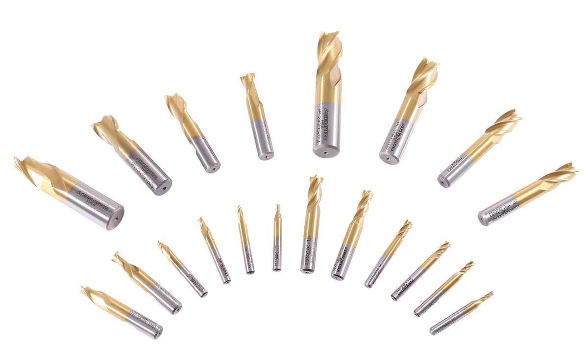 20 Pc H.S.S. Tin Coated End Mill Set, Metric Size, Cutting Diameter from 3 mm up to 20 mm, 2 Flute and 4 Flute, 1810-0104