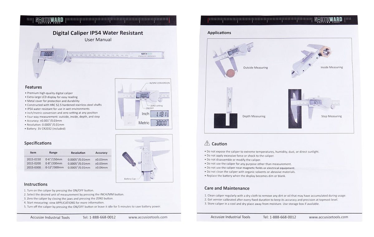 Digital Caliper, 0-6''/0-150 mm Range by 0.0005''/0.01 mm Resolution, Large LCD, Ip54 Water Resistant, 2015-0150