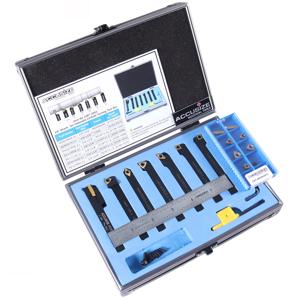 7 Pieces/Set 3/8'' Indexable Carbide Turning Tool Set with 10 Extra Carbide Inserts in Fitted Box, 2387-2003plus
