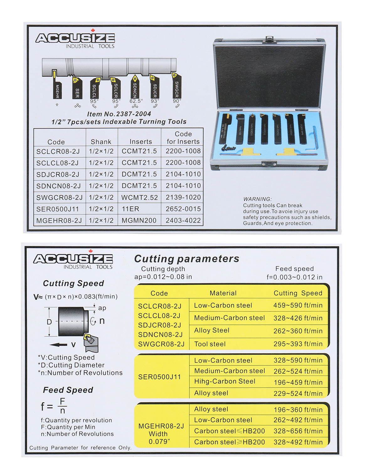 7-Ps Indexable Carbide Turning Tool Set, 1/2" Shank, C6 Grade TiN Coated Inserts, in Fitted Aluminum Case, 2387-2004