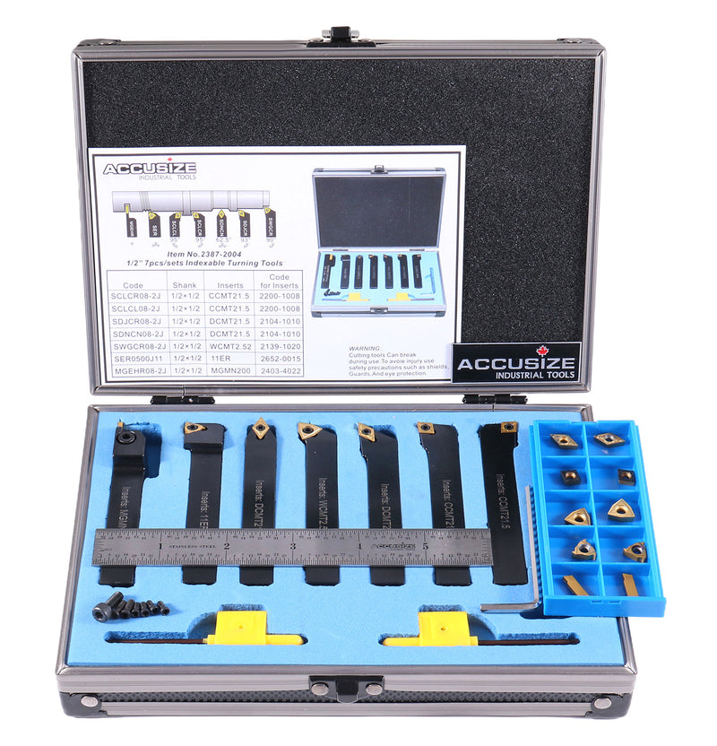 7 Pieces/Set 1/2'' Indexable Carbide Turning Tool Set with 10 Extra Carbide Inserts in Fitted Box, 2387-2004plus