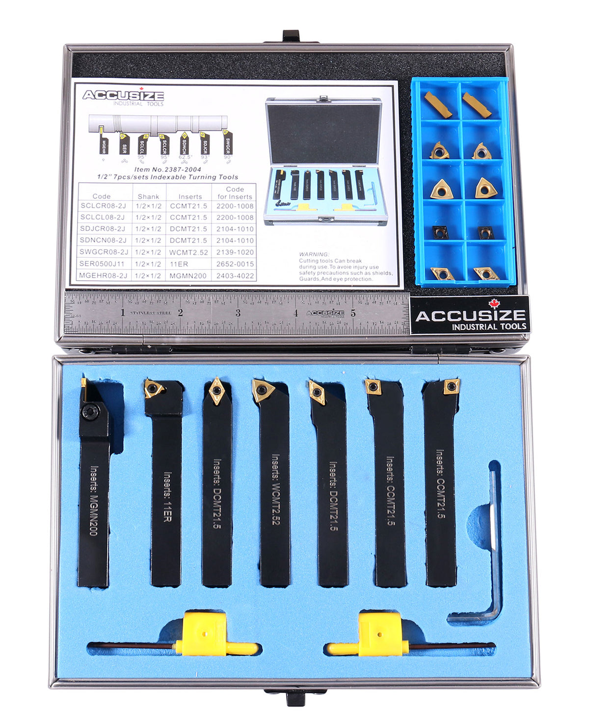 7 Pieces/Set 1/2'' Indexable Carbide Turning Tool Set with 10 Extra Carbide Inserts in Fitted Box, 2387-2004plus