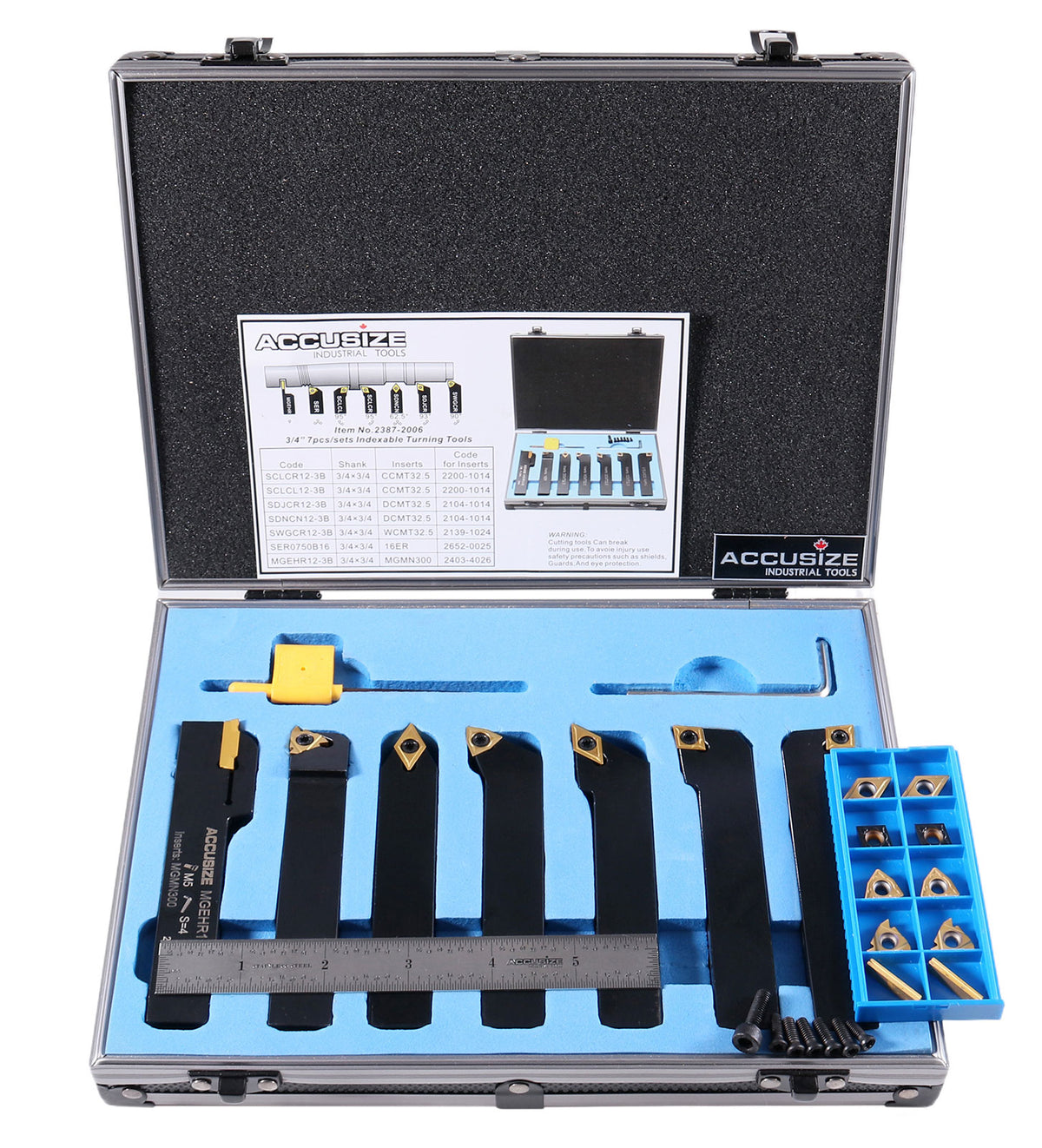 3/4'' Shank 7 Pc Indexable Carbide Turning Tool Set with 10 Extra Carbide Inserts in Fitted Box, 2387-2006plus