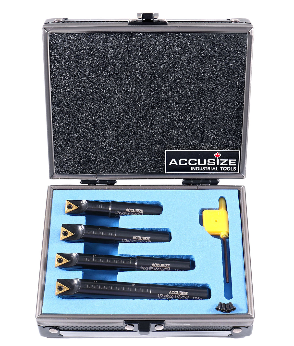 4 Pc 1/2'' Round Shank Indexable Boring Bar Set with Tcmt21.50 Carbide Inserts, 90 Degree, 2627-9104