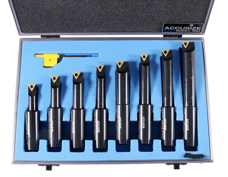 8 Pc 3/4'' Round Shank Indexable Boring Bar Set with Tcmt Carbide Inserts, 90 Degree, 2627-9108