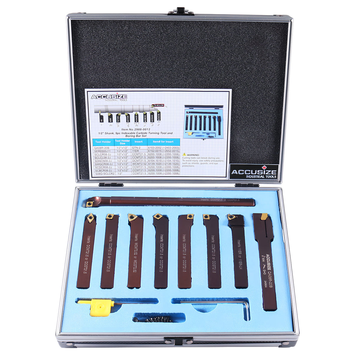 1/2" 9 Pieces/Set, Indexable Carbide Turning Tools and Boring Bar, 2988-0012