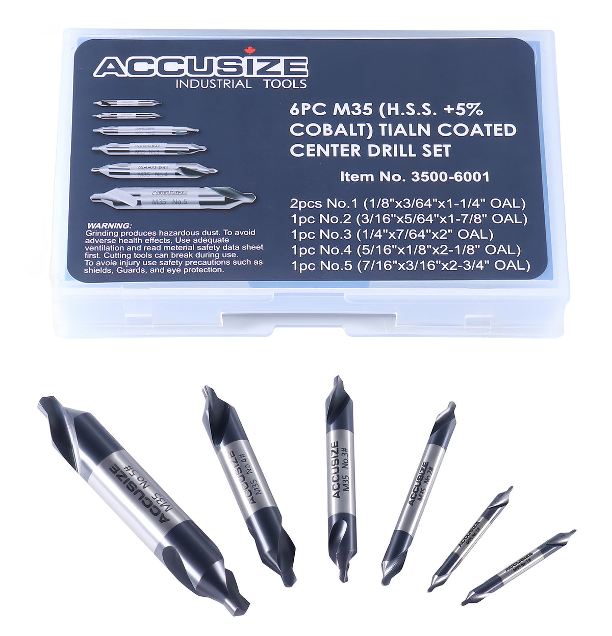 6pc M35 (H.S.S. +5% Cobalt) TiALN Coated Center Drill Set