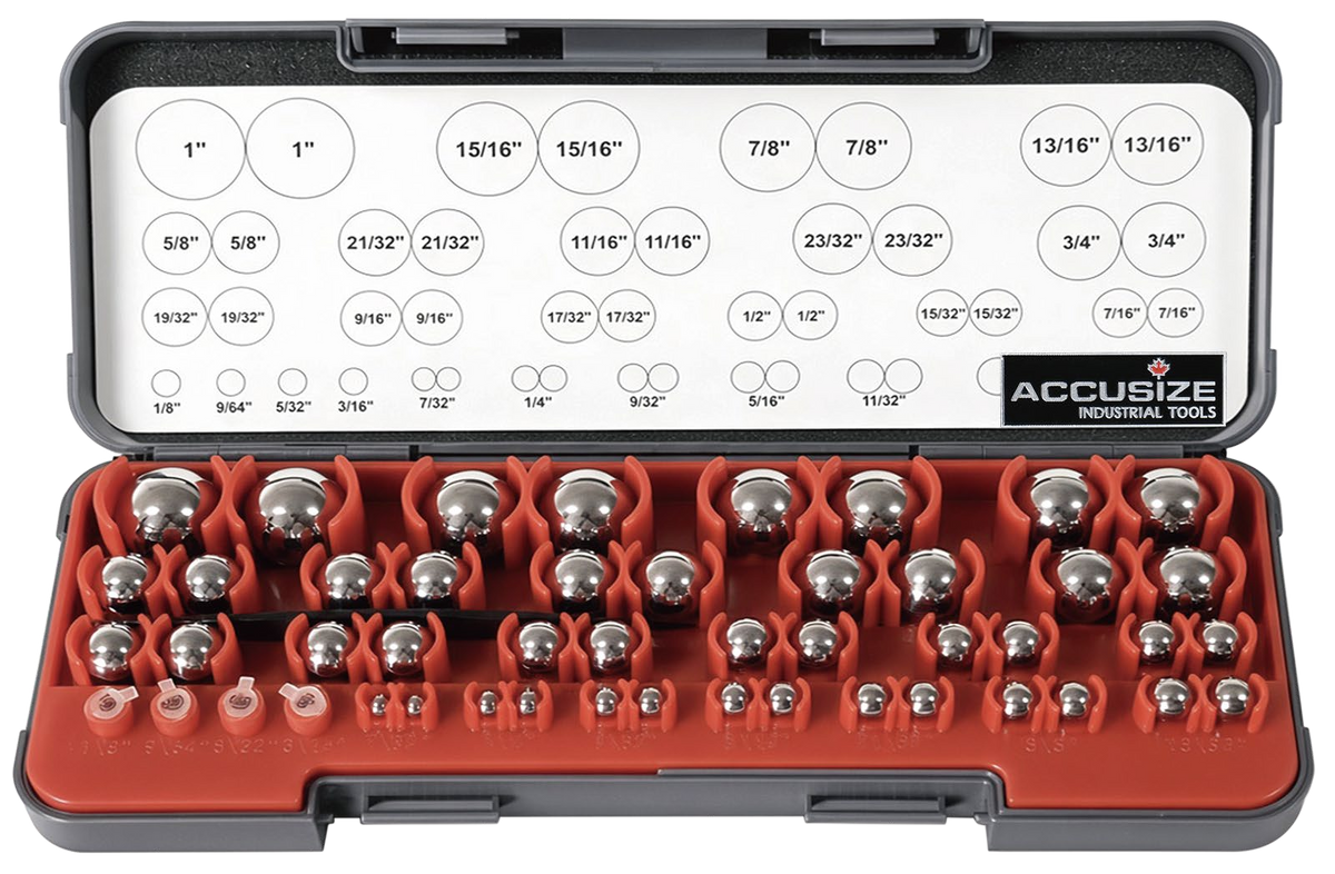 Accusize 3600-5100 chrome steel gage ball set in an open grey case with red fitted insert, paired balls and an inch-size chart inside the lid.