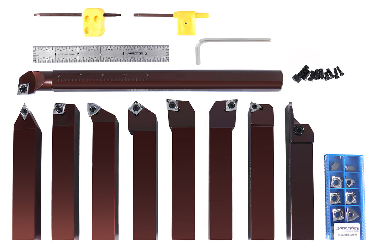 1" Shank, 9-Piece Indexable Turning & Boring Set, Uncoated Sharp-Edge Carbide Inserts for Aluminum, 3988-0001