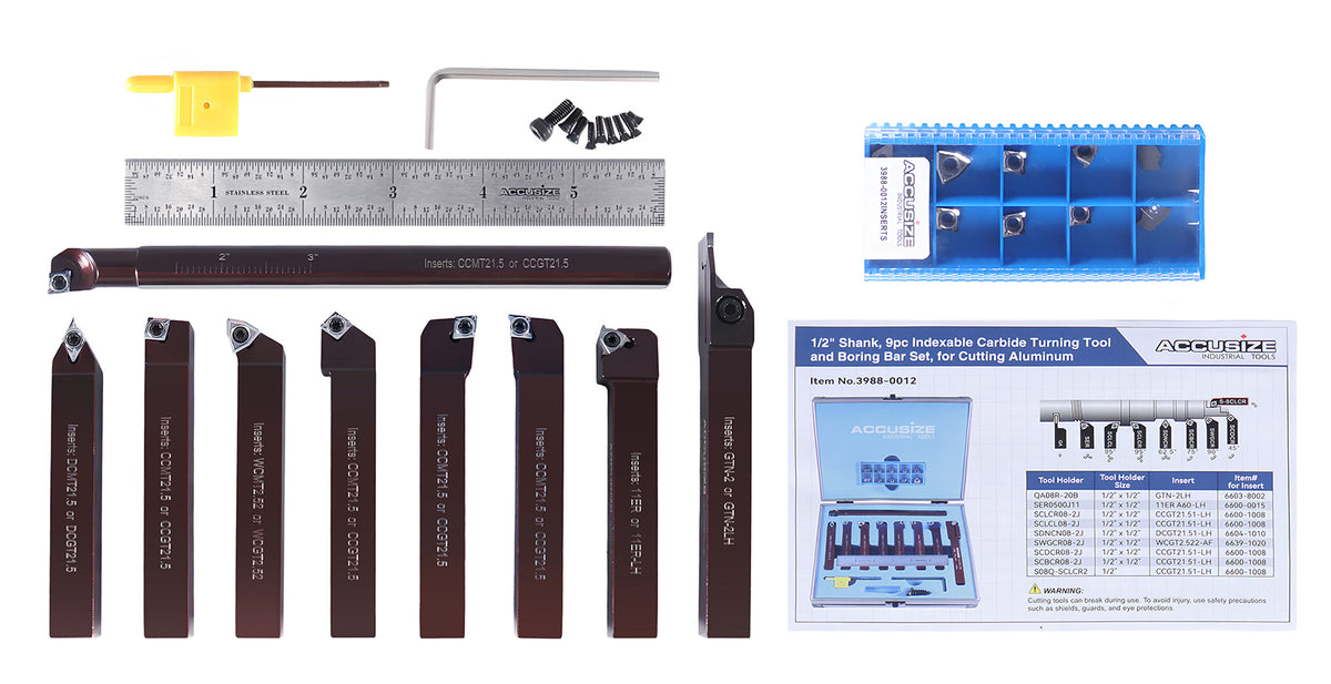 1/2" 9 Pieces/Set, Indexable Carbide Turning Tools and Boring Bar, for Cutting Aluminum, 3988-0012