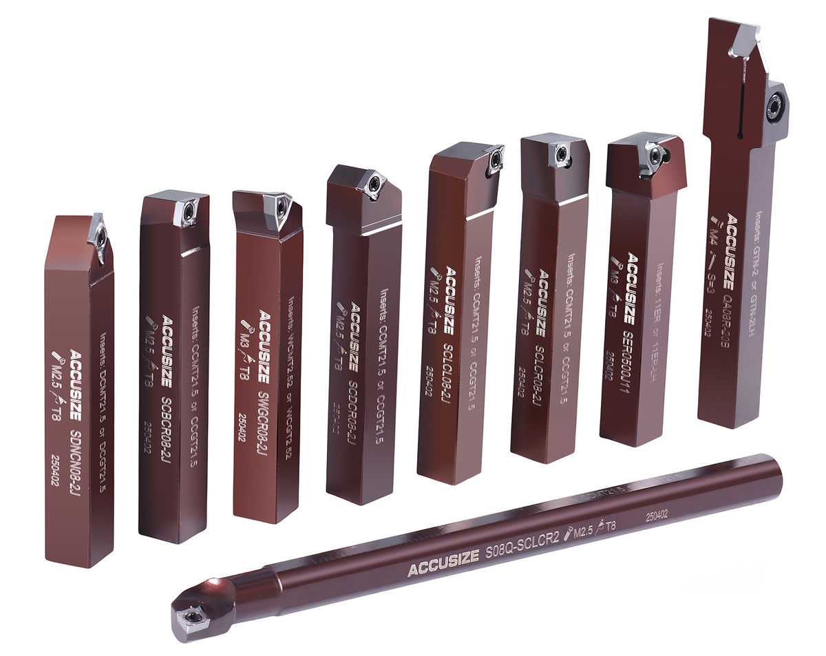 1/2" 9 Pieces/Set, Indexable Carbide Turning Tools and Boring Bar, for Cutting Aluminum, 3988-0012