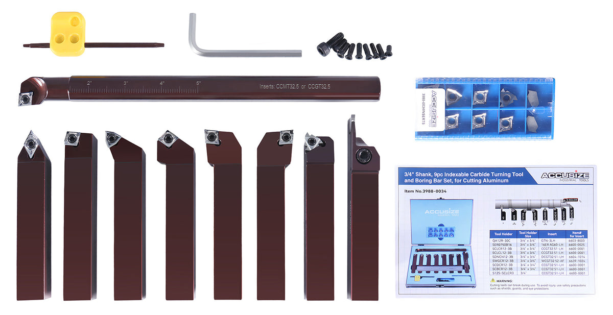 3/4" 9 Pieces/Set, Indexable Carbide Turning Tools and Boring Bar, for Cutting Aluminum, 3988-0034