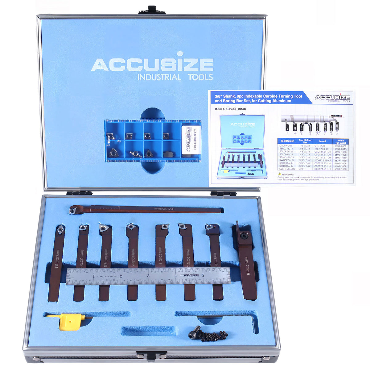 3/8'' Shank 9pc Indexable Carbide Turning Tool & Boring Bar Set with 10 Extra Carbide Sharp Inserts for Cutting Aluminum, 3988‑0038