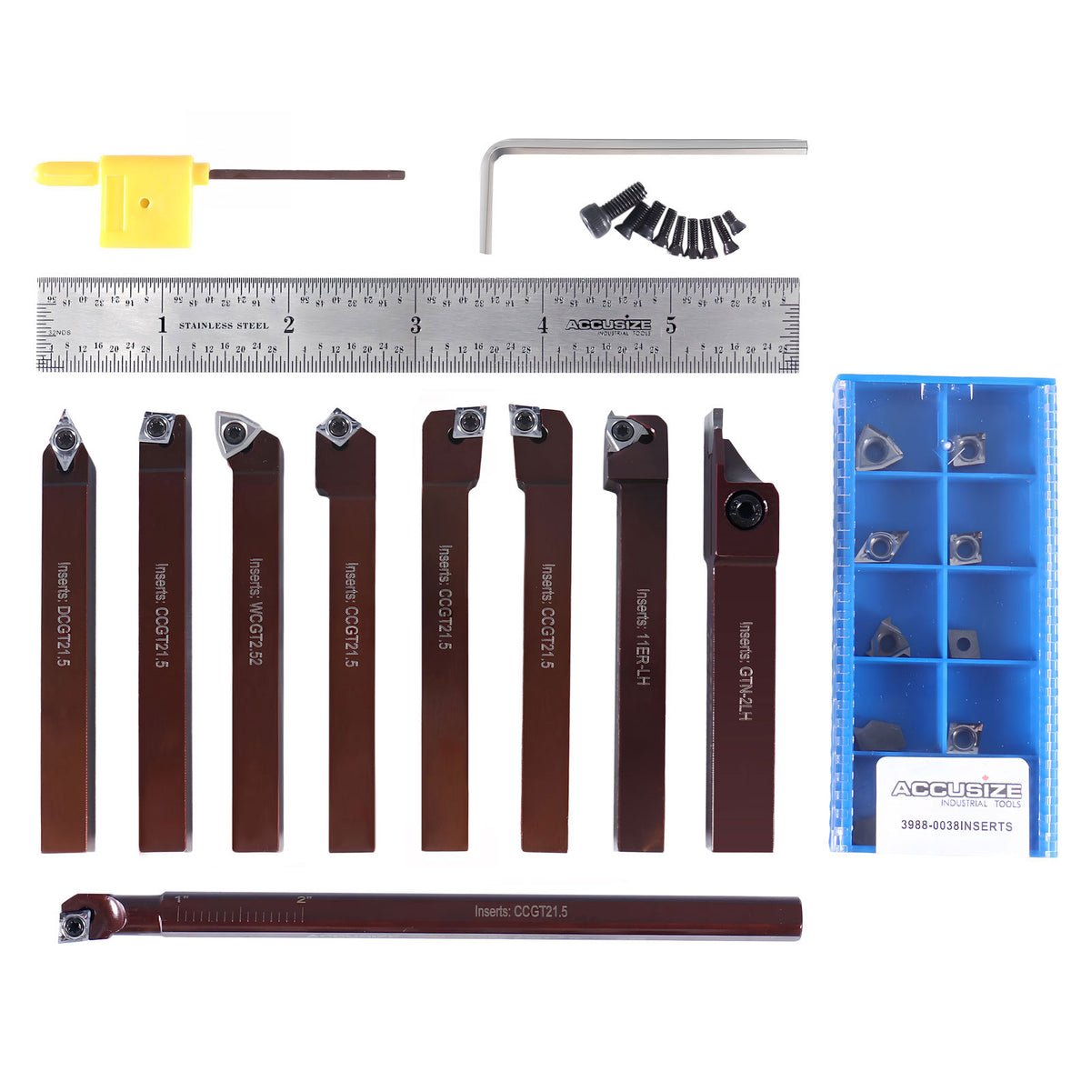 3/8'' Shank 9pc Indexable Carbide Turning Tool & Boring Bar Set with 10 Extra Carbide Sharp Inserts for Cutting Aluminum, 3988‑0038