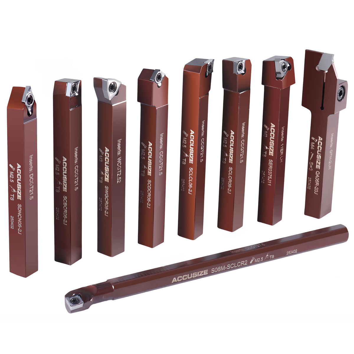 3/8'' Shank 9pc Indexable Carbide Turning Tool & Boring Bar Set with 10 Extra Carbide Sharp Inserts for Cutting Aluminum, 3988‑0038