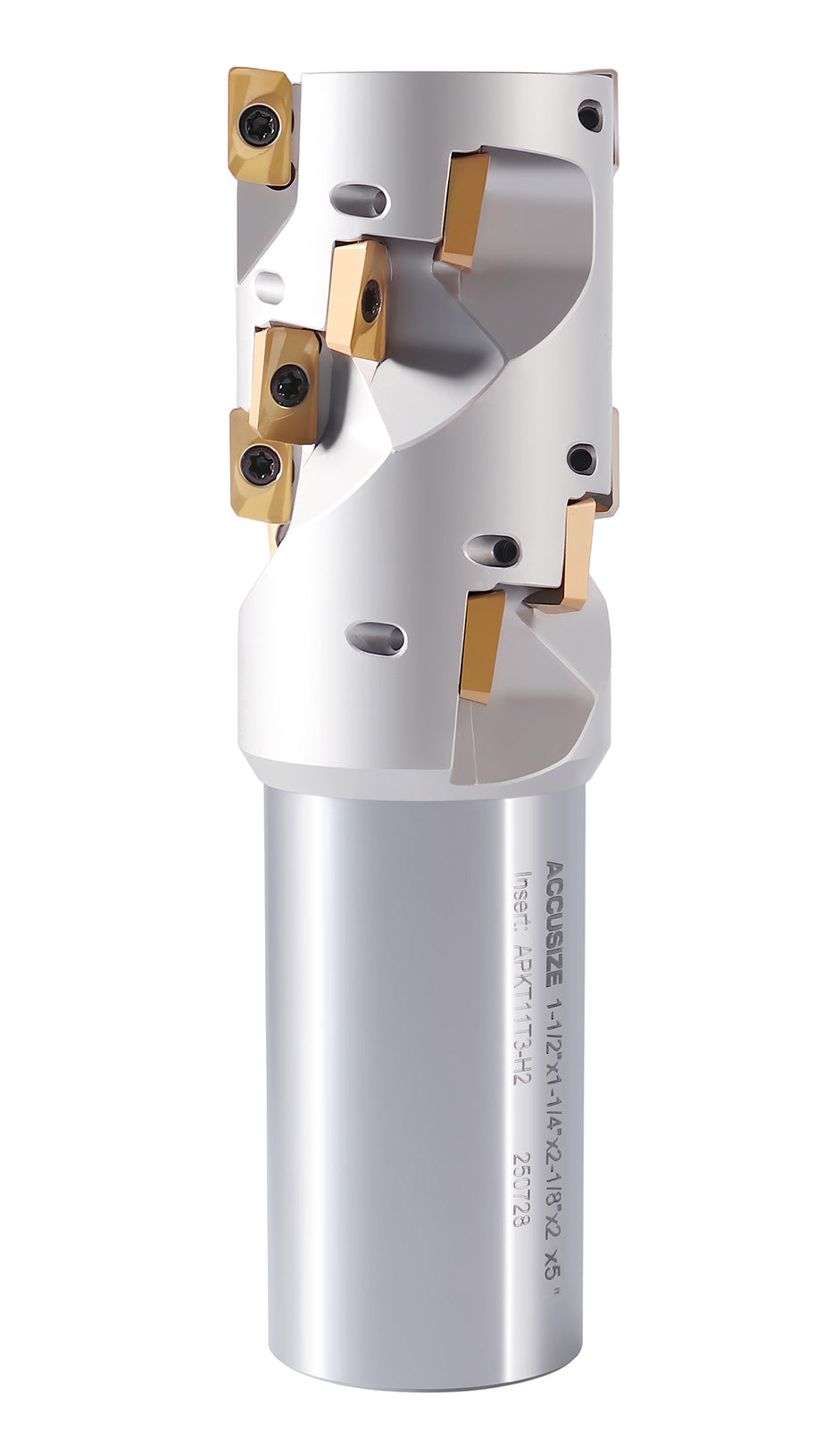 1-1/2 in. Indexable Weldon Shank End Mill, APKT11T3 Carbide Inserts, Shank 1-1/4'', OAL 5'', Flute Length 2-1/8"