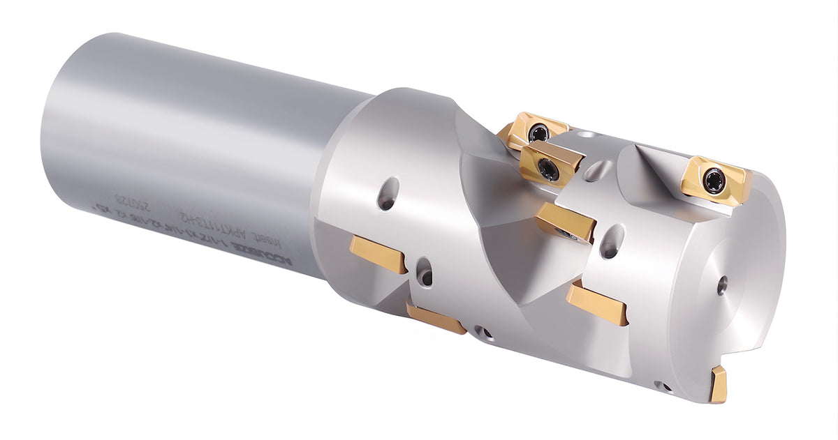 1-1/2 in. Indexable Weldon Shank End Mill, APKT11T3 Carbide Inserts, Shank 1-1/4'', OAL 5'', Flute Length 2-1/8"