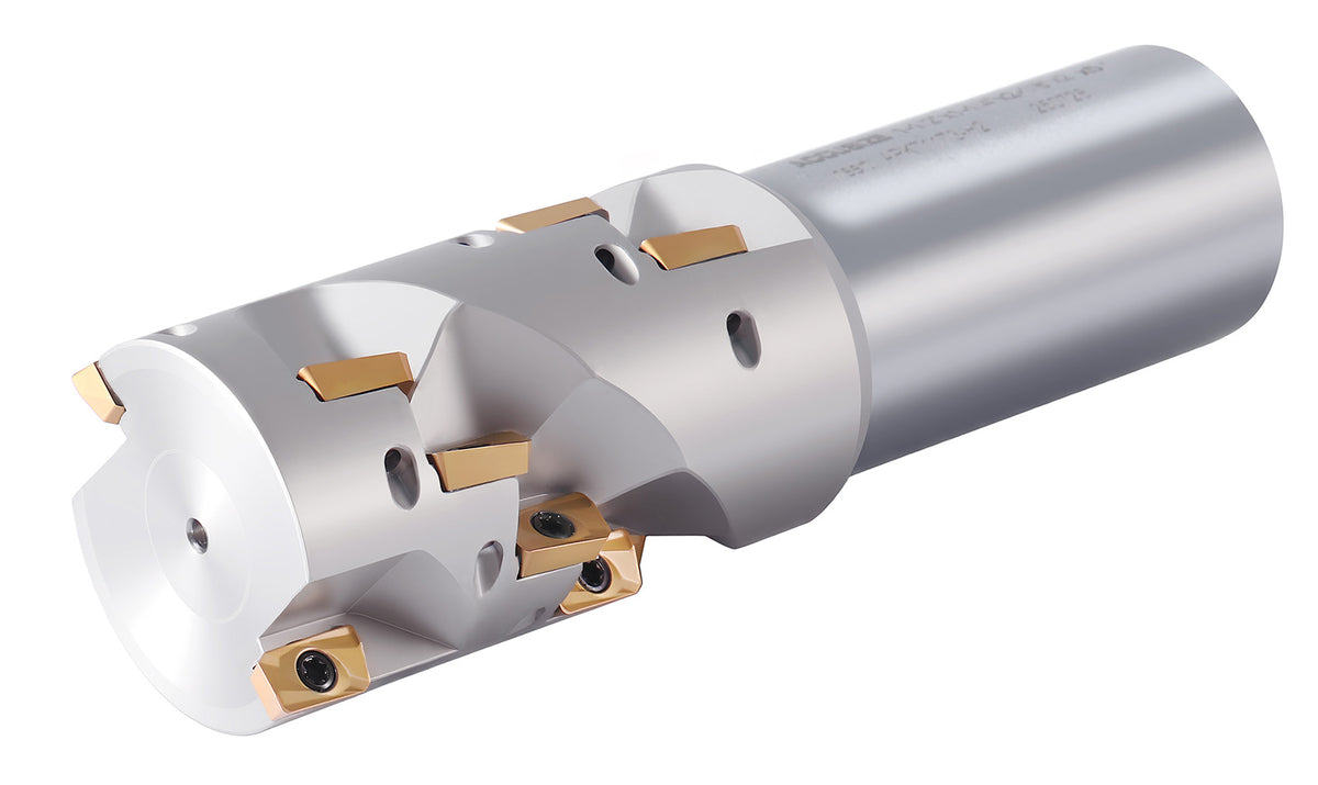1-1/2 in. Indexable Weldon Shank End Mill, APKT11T3 Carbide Inserts, Shank 1-1/4'', OAL 5'', Flute Length 2-1/8"