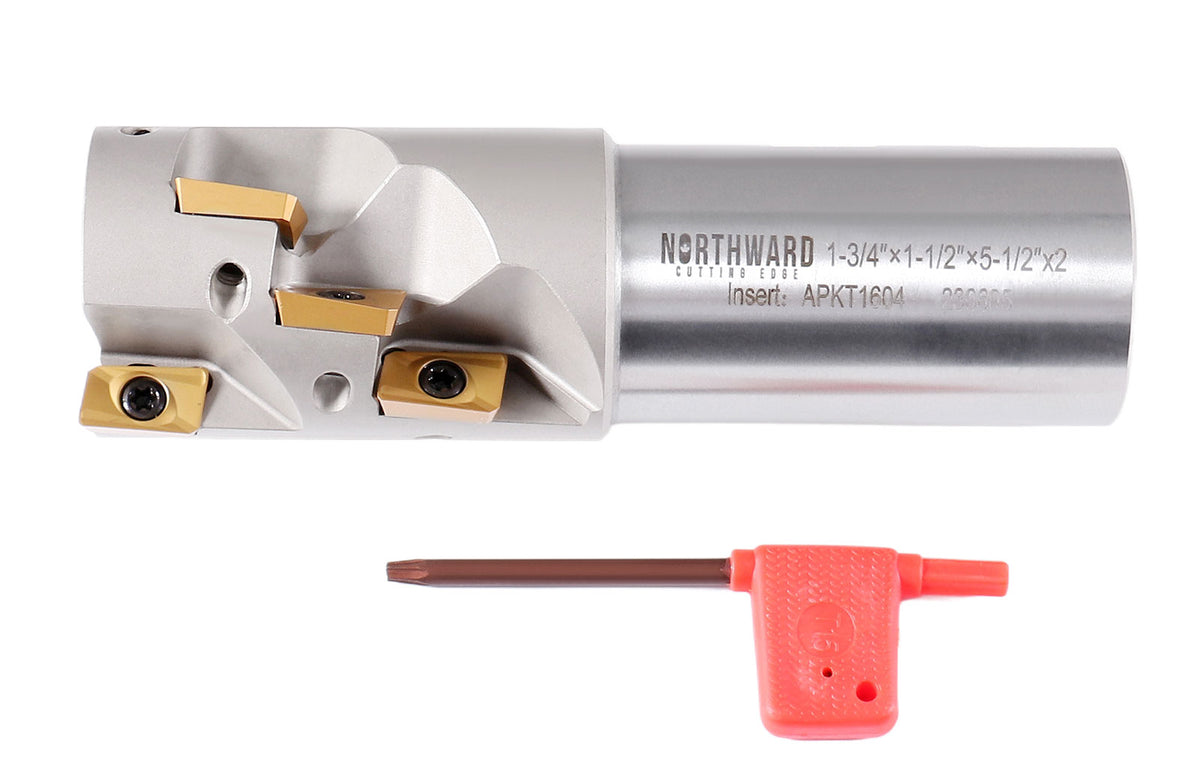 1-3/4'' Indexable Weldon Shank End Mill, Heavy Duty Cut, Apkt1604 Inserts, Shank 1-1/2'', Oal 5-1/2'', Flute Length 2-1/4''