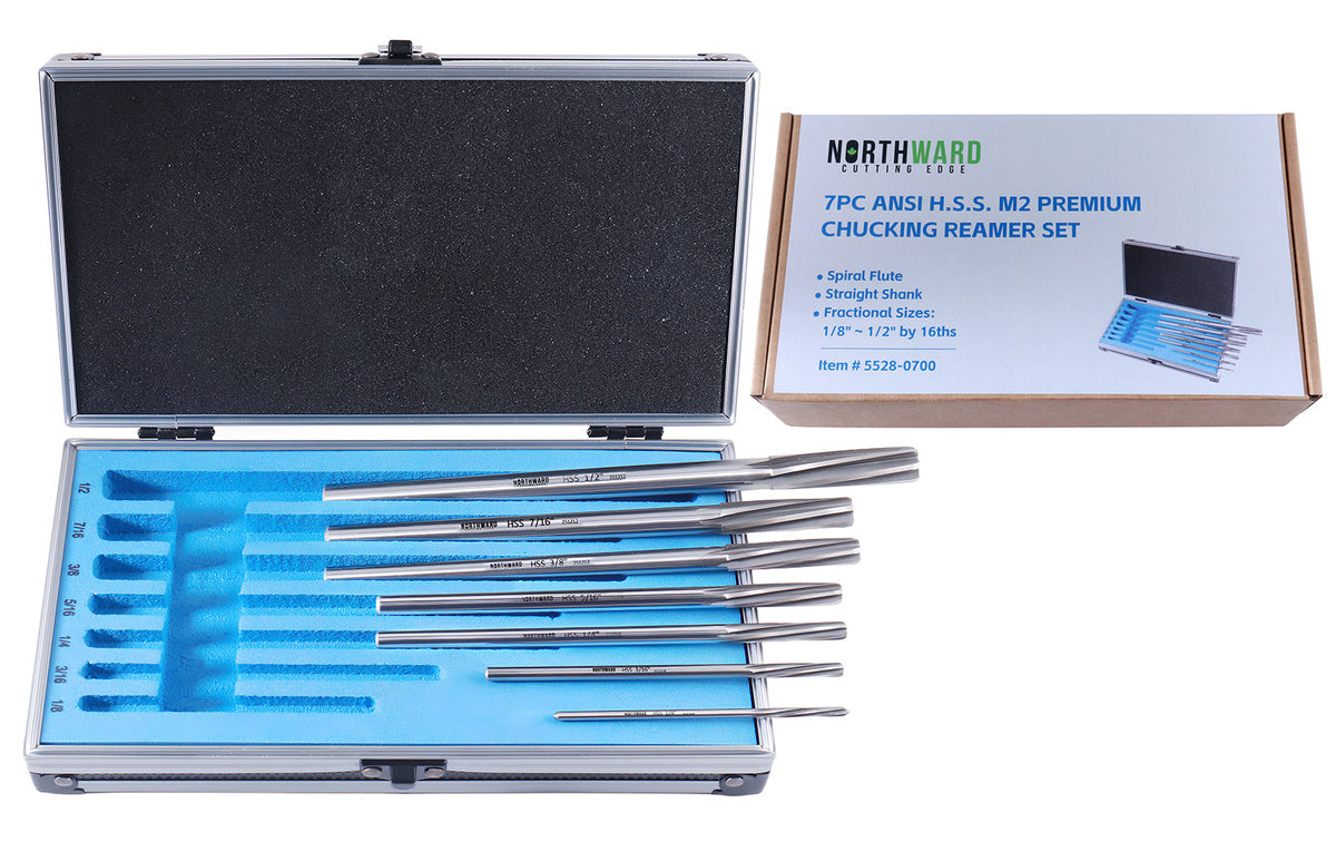 Northward Cutting Edge Fractional Sizes 1/8" Thru 1/2" by 16th ANSI HSS M2 Premium Chucking Reamer Set, Spiral Flute, Right Hand Cut, 7pcs/Set, 5528-0700